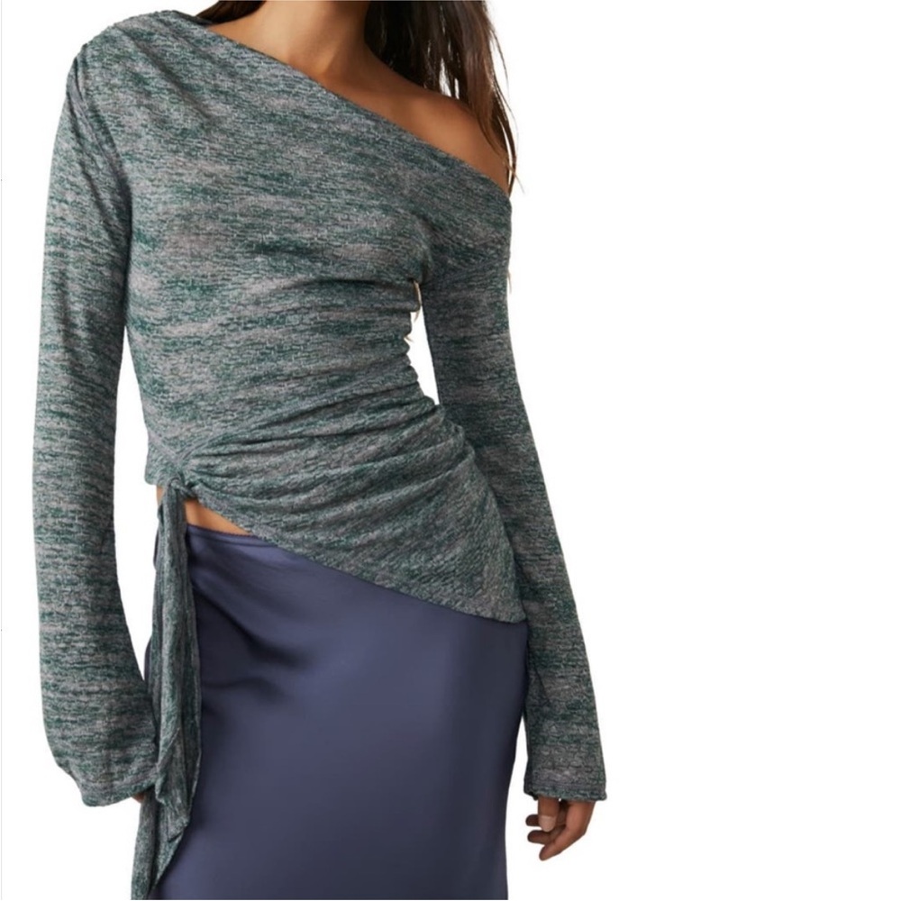 Free People Golden Hour Off The Shoulder Asymmetrical Green Marbled Tie Top